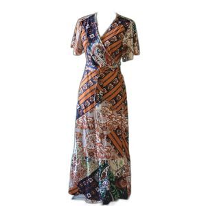 Beihong Wrap Yellow Paisley Boho Short Sleeve Maxi Dress Sz S